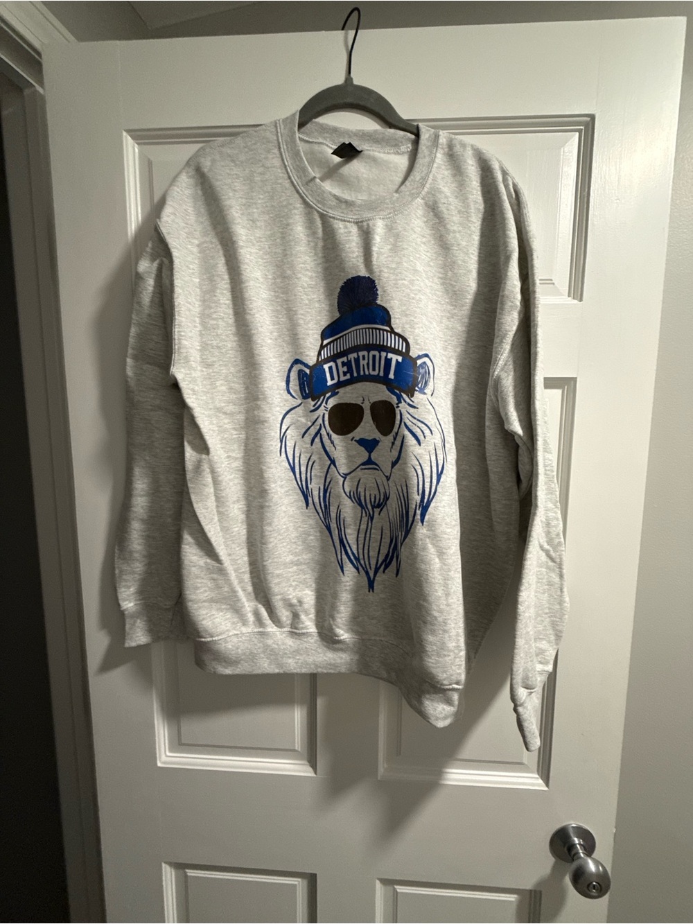 Gildan Unisex Gray Crewneck Sweatshirt with Blue Detroit Lion Graphic (size L)